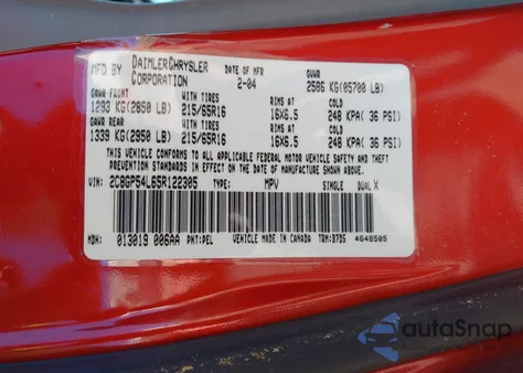 2005 Chrysler Town & Country Touring from USA, damaged, VIN 2C8GP54L65R122305